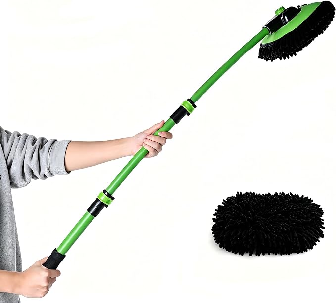 Eyliden Car Wash Brush Mop with Long Handle, 90° Swivel Head with 45° Angle Lock, 2 Scratch-Free Microfiber Heads, Car Detailing Kit for Car Truck RV, Green & Black