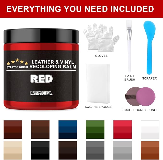 STARTSO WORLD Leather Recoloring Balm, Red Leather Repair Kit for Furniture, Leather Dye, Leather Color Restorer for Couches, Leather Couch Paint | Repair, Restore & Renew Old, Faded Leather