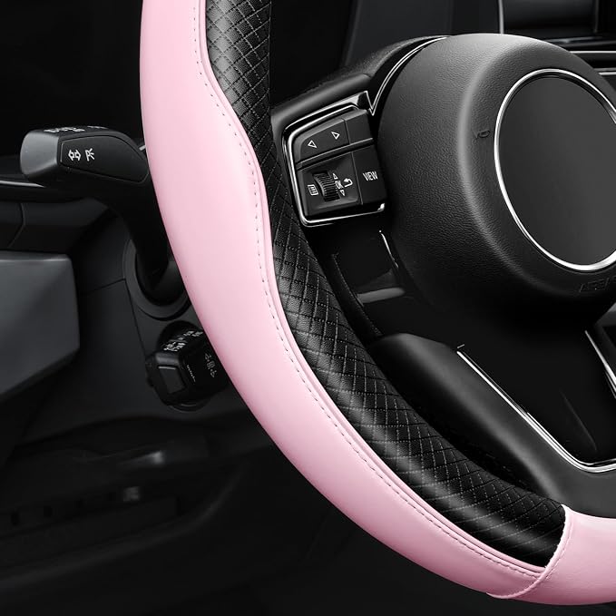 YHONGJT Soft Premium Leather Steering Wheel Cover, Breathable, Non-Slip Grip, Universal 15 Inch for Women Girls, Fit Vehicles, Sedans, SUVs, Vans, Trucks - Baby Pink