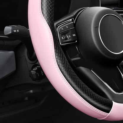 YHONGJT Soft Premium Leather Steering Wheel Cover, Breathable, Non-Slip Grip, Universal 15 Inch for Women Girls, Fit Vehicles, Sedans, SUVs, Vans, Trucks - Baby Pink