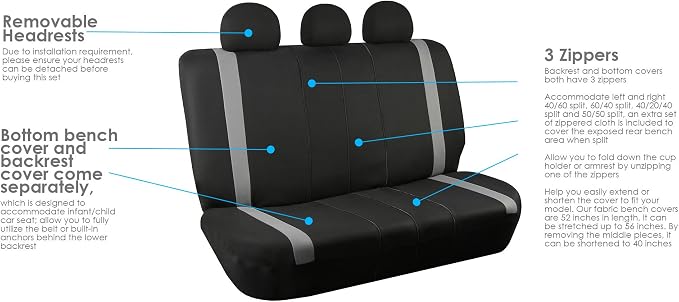 FH Group Car Back Seat Cover, Gray Cloth - Universal Fit Rear Seat with Rear Split Bench, Seat Protector for Dogs and Kids, Interior Accessories for SUV, Sedan and Van