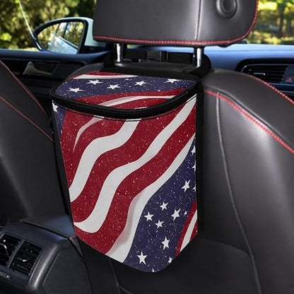 Talayituse American Flag Star Print Car Trash Can with Lid, 4th of July Leak Proof Auto Trash Bag Hanging Vehicle Garbage Can Multipurpose Storage Container for Back Seat Road Trip