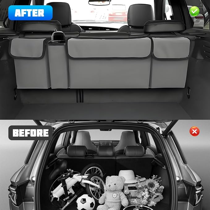 Car Trunk Organizer with Lid, Large Waterproof Vehicle Backseat Hanging Storage Bag with 4 Pockets & Adjustable Straps, Collapsible Automotive Interior Cargo Bag, Universal Fit (Grey)