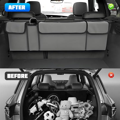 Car Trunk Organizer with Lid, Large Waterproof Vehicle Backseat Hanging Storage Bag with 4 Pockets & Adjustable Straps, Collapsible Automotive Interior Cargo Bag, Universal Fit (Grey)