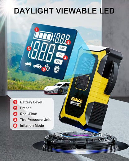 GOOLOO A3 Jump Starter with Air Compressor, 3000A Portable Car Battery Jumper Starter (9.0L Gas/6.5L Diesel) with 150PSI Auto-Shutoff Tire Inflator, 12V Supersafe Lithium Jump Box Car Booster, Yellow