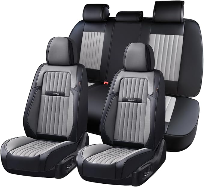 Coverado Car Seat Covers Full Set, Seat Covers for Cars, Car Seat Cover, Car Seat Protector, Leather Car Seat Cushion, Waterproof Car Seat Covers Front Seats and Back Fit for Most Cars(Black&Gray)