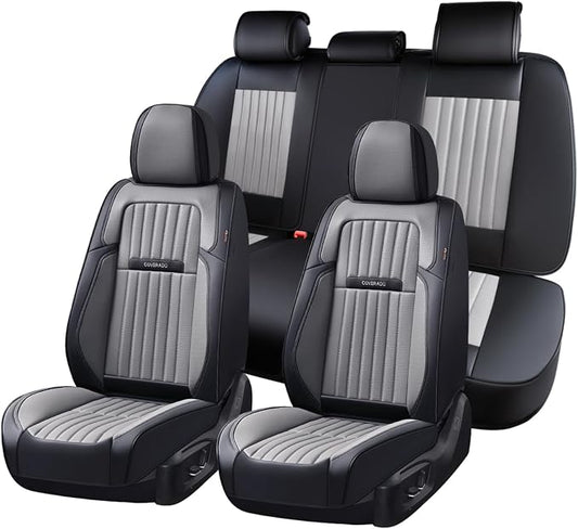 Coverado Car Seat Covers Full Set, Seat Covers for Cars, Car Seat Cover, Car Seat Protector, Leather Car Seat Cushion, Waterproof Car Seat Covers Front Seats and Back Fit for Most Cars(Black&Gray)