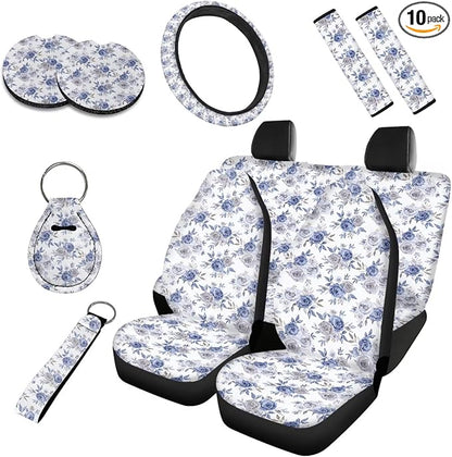 Rose Auto Interior Seat Cover 10 Pack, French Countryside Austin Rose Universal Fit Most Vehicles, Blue Ditsy Floral Split Back Bench Seat Cover Seatbelt Pads Keychain