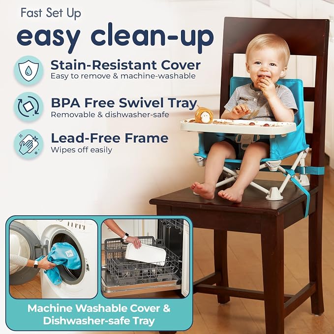 Hiccapop OmniBoost Travel Booster Seat with Tray for Baby | Folding Portable Seat for Dining Table, Camping, Beach, Grandma’s | Tip-Free Design Straps to Kitchen Chairs