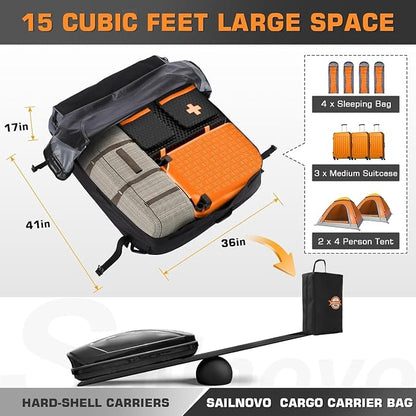 Sailnovo Soft Car Rooftop Cargo Carrier Roof Bag 15 Cubic Feet Waterproof Car Top Carrier, Fits Most Vehicle with/Without Rack, Include Anti-Slip Mat,4 Reinforced Straps,4 Door Hooks