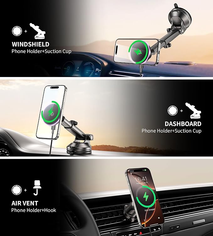 for MagSafe Car Mount Charger Dash Vent Windshield Wireless Car Charger with LED Light, Magnetic Phone Holder for Car for iPhone 17 16 15 14 13 12 Series, Fit MagSafe Accessories (Purple)