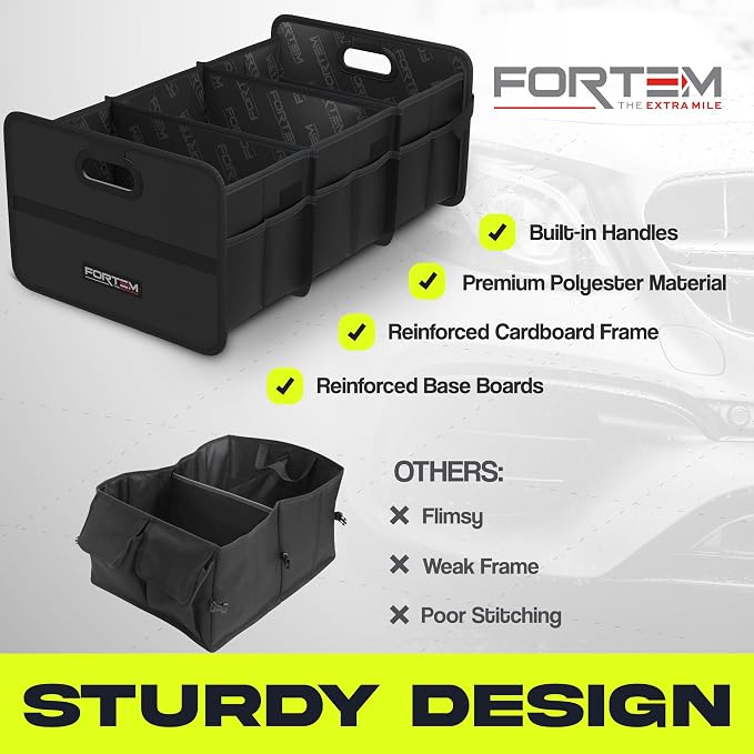 FORTEM Car Trunk Organizer, Collapsible Two Compartment Organizer, Foldable SUV & Truck Storage for Car Accessories for Women Men, Non Slip Bottom, Sturdy Side Walls, Strong Handles, 75L