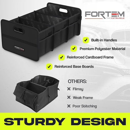 FORTEM Car Trunk Organizer, Collapsible Two Compartment Organizer, Foldable SUV & Truck Storage for Car Accessories for Women Men, Non Slip Bottom, Sturdy Side Walls, Strong Handles, 75L