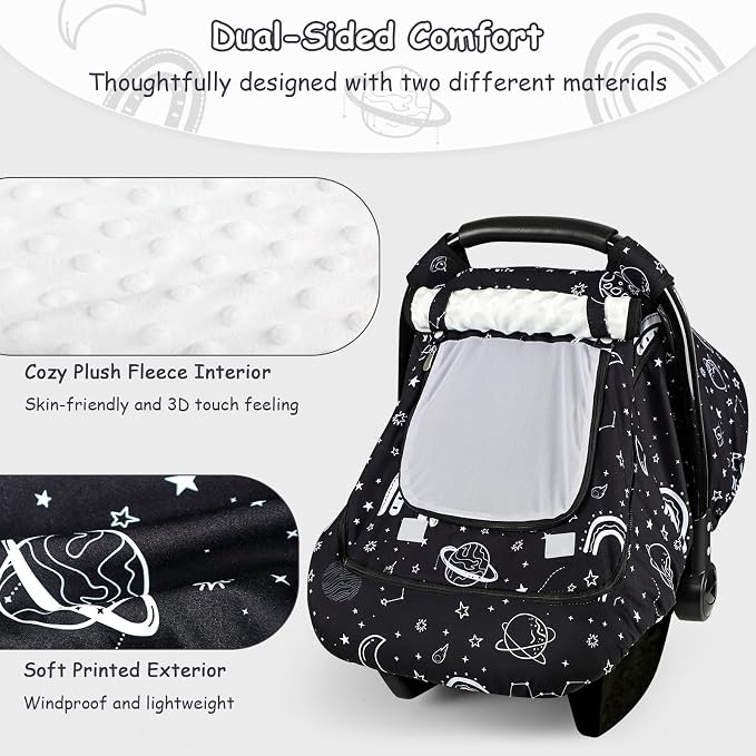Winter Car Seat Cover Baby with Sunshade & Dual Zipper Windows - Minky Bubble Lined Windproof Soft Shell, Warm Newborn Car Seat Canopy Covers, Elastic Bottom for Stroller & Infant Car Seat, Space