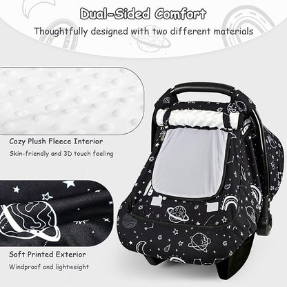 Winter Car Seat Cover Baby with Sunshade & Dual Zipper Windows - Minky Bubble Lined Windproof Soft Shell, Warm Newborn Car Seat Canopy Covers, Elastic Bottom for Stroller & Infant Car Seat, Space