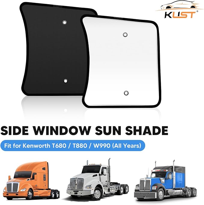 KUST 20''x16.9'' Side Window Sun Shade for Semi Truck, Kenworth T680 / T880 / W990 (All Years) Black&Silver Side Window Shade for T680 / T880 / W990, Sunshade with Suction Cup, Glare Sun UV Rays 2PCS