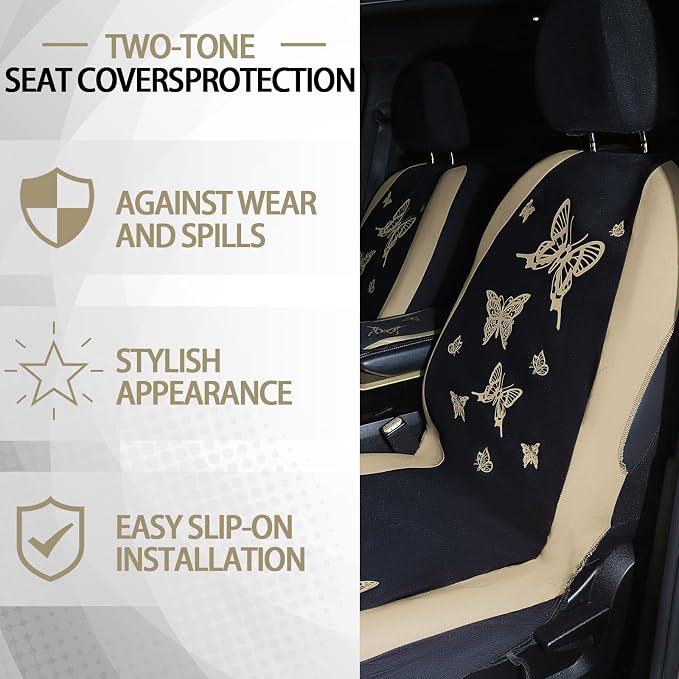 BBTO 43 Pcs Butterfly Car Seat Full Set Butterfly Car Accessories for Women 5 Front Rear Seat Covers Wrist Strap 2 Pcs Cup Mat Armrest Pad 2 Belt Xmas Cover Accessories for SUV(Cream-Colored)