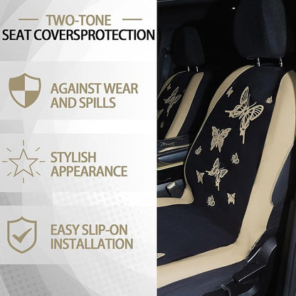BBTO 43 Pcs Butterfly Car Seat Full Set Butterfly Car Accessories for Women 5 Front Rear Seat Covers Wrist Strap 2 Pcs Cup Mat Armrest Pad 2 Belt Xmas Cover Accessories for SUV(Cream-Colored)