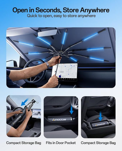 SUV Windshield Sun Shade Umbrella for RAV4/CR-V/Model Y/Explorer/Forester/Lexus RX/Pacifica/Kicks, Protect Car from Sun Rays & Heat Damage, Easy Storage with Bag, M Size(57" x 35")