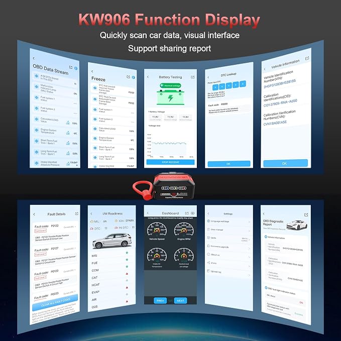 KONNWEI KW906 Red OBD2 Scanner Bluetooth (Red)