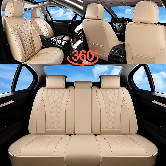 Coverado Car Seat Covers, Leather Seat Covers Full Set, Beige Seat Covers, Perforated Diamond Leather Car Seat Cover, Breathable Car Seat Cushion, Waterproof Car Seat Protector Fit for Most Cars