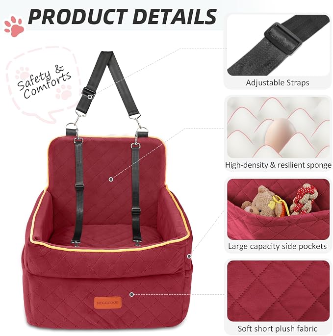 HEGGCOOE Dog Car Seat for Small Medium Dogs, Memory Foam Puppy Dog Booster Seat with Thick Cushion for Dogs Under 35lbs, Detachable Washable Pet Car Seat Travel Bed with Storage Pockets,2 Safety Belts