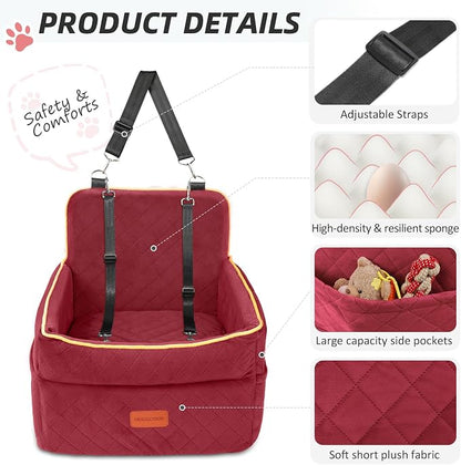 HEGGCOOE Dog Car Seat for Small Medium Dogs, Memory Foam Puppy Dog Booster Seat with Thick Cushion for Dogs Under 35lbs, Detachable Washable Pet Car Seat Travel Bed with Storage Pockets,2 Safety Belts