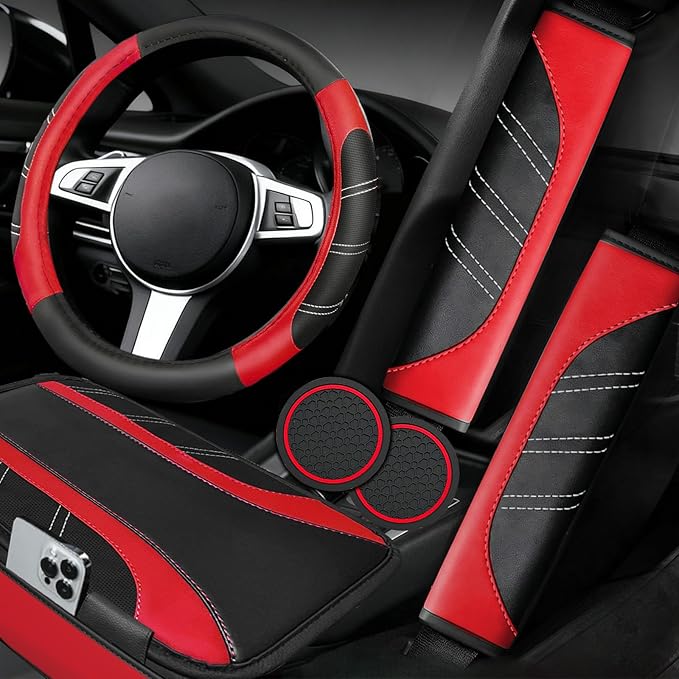 NBTEPEM 6 Pcs Red Car Accessories Set, Sport Leather Steering Wheel Cover 14.5-15inch Universal, Microfiber Leather Car Center Console Cover, Seat Belt Cushion, Cup Holder Coaster (Black-Red)