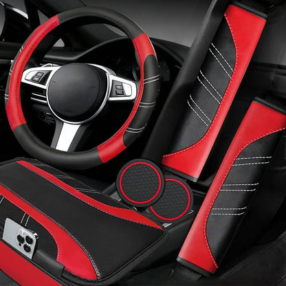 NBTEPEM 6 Pcs Red Car Accessories Set, Sport Leather Steering Wheel Cover 14.5-15inch Universal, Microfiber Leather Car Center Console Cover, Seat Belt Cushion, Cup Holder Coaster (Black-Red)