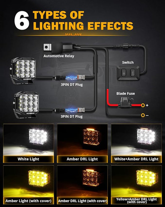 Auxbeam 7 Inch LED Pod Lights, V-MAX Series Offroad Driving Cube Lights with Amber DRL& Backlight, 228W Super Bright Spot Flood Combo Beam Universal Auxiliary Ditch Light with Amber Cover, 2PCS