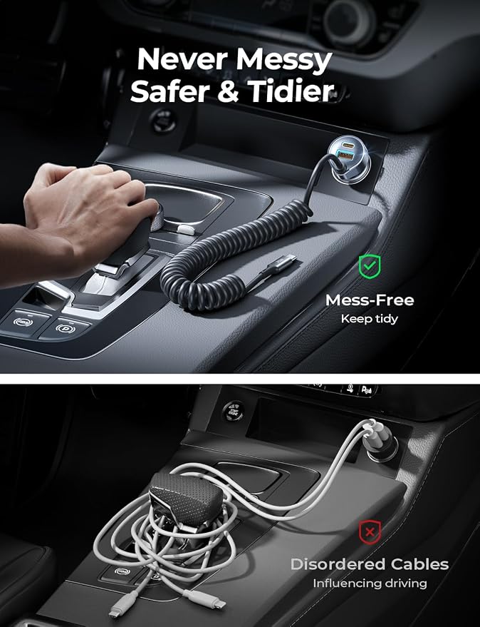 LISEN Car Charger with 45W Built-in USB-C 36 inch Coiled Cable, 90W Multi-Port Fast Charging Cigarette Lighter Adapter for iPhone 17/16/15 Pro Max, Samsung Galaxy S26 Ultra, Black | Car Charger USB C Fast Charge Adapter,Super Fast for Men Women, Car Ac...