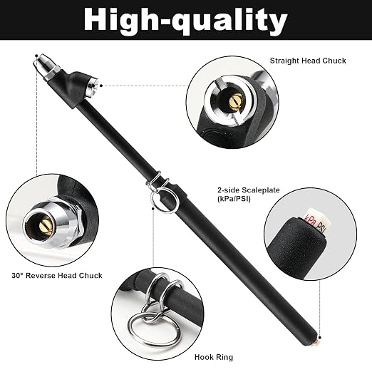 CZC AUTO Tire Pressure Gauge Heavy Duty Air Pressure Tire Gauge, Straight-on Foot Dual Head Chucks, Black Painting, 10-150PSI 100-1000KPa for Semi Truck Car RV Van（1 Pack）