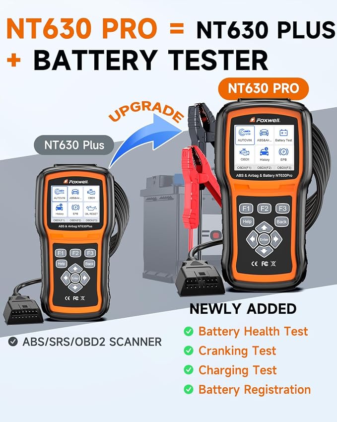 2026 2-in-1 FOXWELL NT630 Pro ABS SRS Scan Tool & Battery Tester, Upgraded from NT630 Plus, OBD2 Scanner with 12V Battery Load Analyzer(100-3000CCA), ABS Bleed, BMS/Oil/SAS/EPB Reset, Live Data