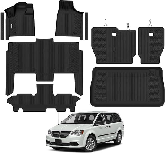 Floor Mats for 2011-2021 Dodge Grand Caravan 7 Seats, Trunk Mat and Backrest Mat & Door Sill Guard All Weather TPE Protector for Dodge Grand Caravan Accessories
