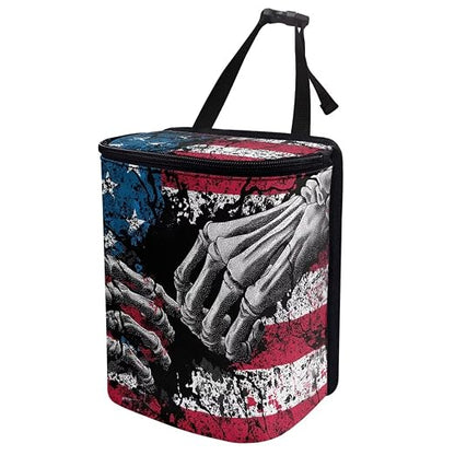 Talayituse Finger Skeleton American Flag Print Car Trash Can Portable Auto Garbage Bin Multifunctional Vehicle Interior Accessories with Adjustable Straps 4th of July Universal Fit Truck SUV Sedan