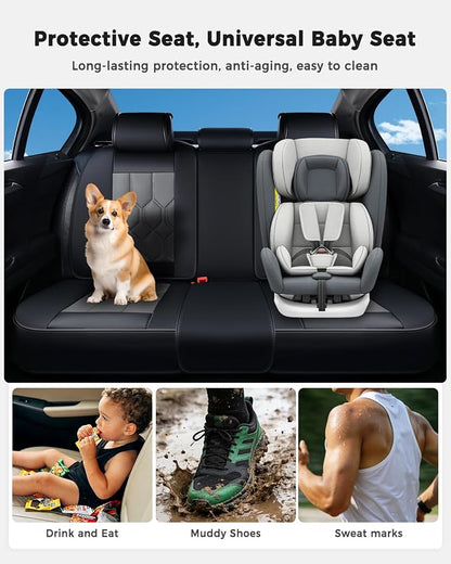Huidasource Leather Car Seat Covers Full Set, Full Coverage Universal Fit for Most Cars SUVs Trucks, Easy Install with Velcro, Airbag Compatible, Retains Seat Functions & Cupholders, Black & Gray