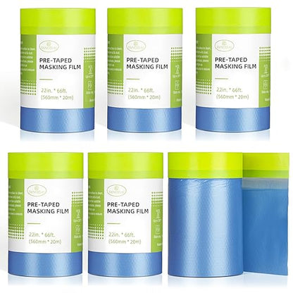 Tangibay Pre-Taped Masking Film for Painting - 22" x 66' Painters Plastic Sheeting with Automotive Paint Tape and Drape for Covering Cars, Walls, Windows and Furniture Protection (6 Rolls)