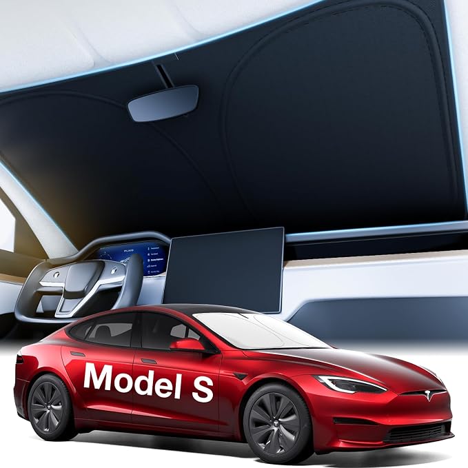 2026 Upgraded Accessories Tesla Model S Windshield Sunshade [Ice Shield Tech Fabric, 100% Sun Blockage], Foldable Heat Insulation Sunshade with Storage Bag, for Tesla Model S 2016~2026, Silver Coating