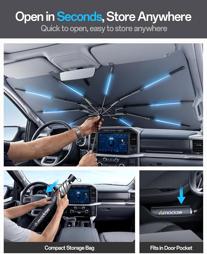 Car Windshield Sun Shade Umbrella for Ford F150 2000~2026(Ice Crystal + Fabric + Black Film), Keeps Car Cool, Foldable Sunshade with Soft Edge, Easy Storage with Bag