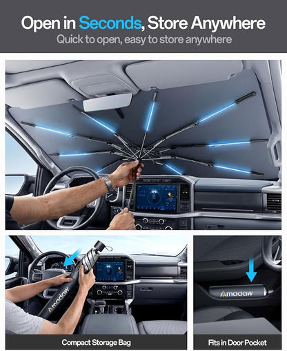 Car Windshield Sun Shade Umbrella for Ram-2500/3500 2011~2026(Ice Crystal + Fabric + Black Film), Keeps Car Cool, Foldable Sunshade with Soft Edge, Easy Storage with Bag