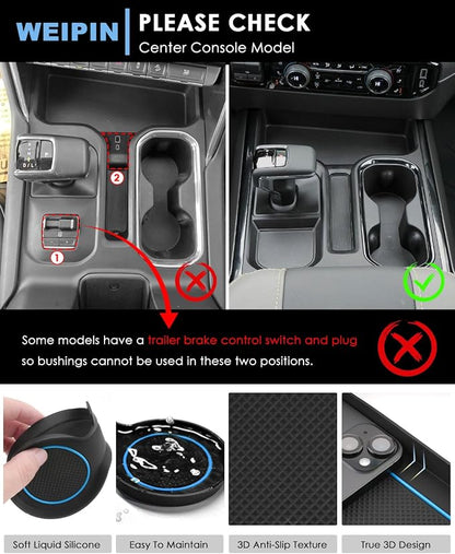 for 6PCS Refreshed Models 2022-2026 Silverado/Sierra 1500 & 2024-2026 Sierra 2500 3500 Console Liners-[3D High-Edge Liquid Silicone] Cup Holder Mats, Full Console w/Bucket Seats ONLY - Blue