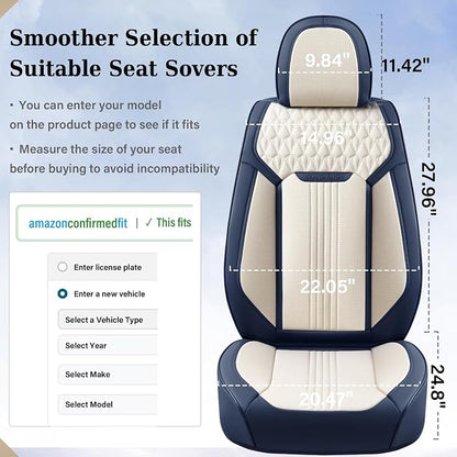 Coverado Car Seat Covers Full Set, Front Seat Cover and Back Seat Covers for Cars, Faux Leather Waterproof Seat Covers, Universal Seat Covers for Most Vehicles (Air Backrest-Blue&White, FullSet)