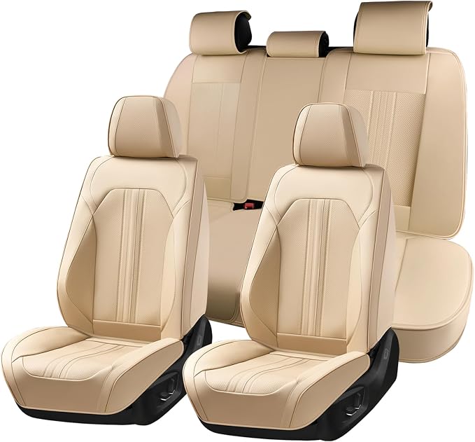 Huidasource Beige Seat Covers with Airbag, Thinned, Cooling Heating, Premium Faux Leather Car Seat Cover, Automotive Seat Covers with Velcro Adjustable Universal Fit for Most Cars SUV Trucks Beige