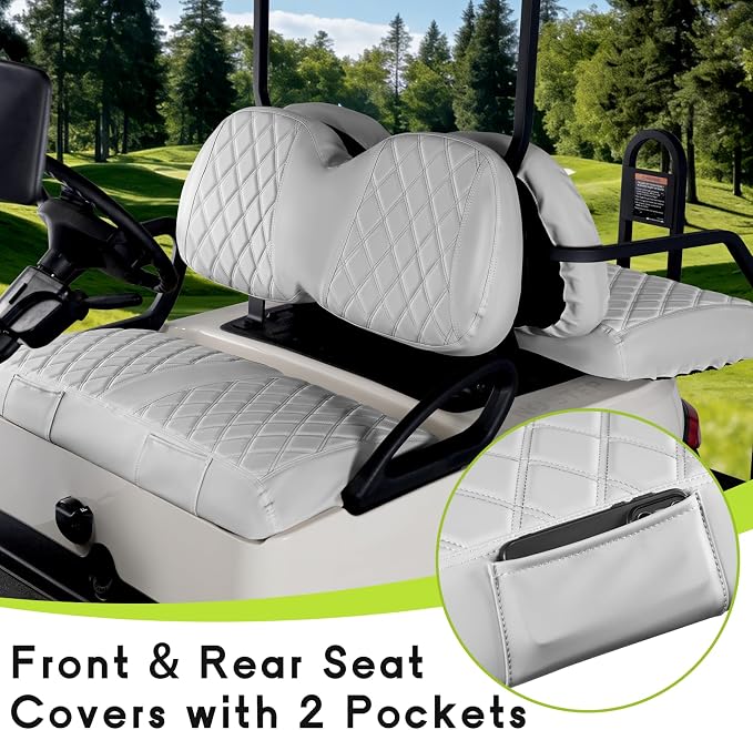 Full Set Golf Cart Seat Covers for Club Car Tempo OEM, Grey | Front & Rear Set (2-Piece), Premium Vinyl Leather Replacement Standard Cushion Covers, No Tools Needed & Easy to Clean