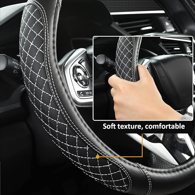 West Llama Customized Auto Car Steering Wheel Cover for Dodge RAM 1500 2500 3500, 15.5-16 inch (Diamond Quilted-Black+Gray-Large Size)