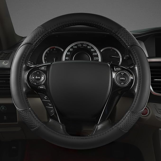 GIANT PANDA Microfiber Leather Steering Wheel Cover for Honda Accord,Civic,CR-V,HR-V,Pilot(Diamond-Pattern-Black-Standard Size)