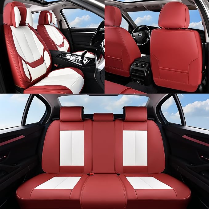 Coverado Seat Covers Full Set, 5 Seats Seat Covers for Cars, Waterproof Nappa Leather Car Seat Covers with Head Pillow, Seat Protectors Car Seat Cushion Universal Fit for Most Cars (Red&White)