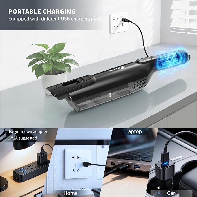 Cordless Handheld Vacuum, Lightweight Portable Hand Vacuum Cleaner with LED Light,Rechargeable Hand Held Vacuum with One-Touch Empty, Powerful Suction for Office, Home,Car, Raven