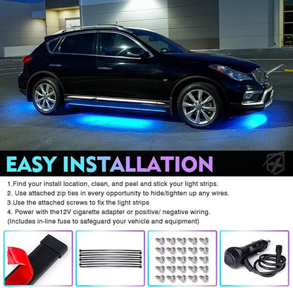 Xprite Double Row RGB LED Car Underglow Bluetooth Lights Strip, 4 PCS Underbody Neon Cars Exterior Glow Light Kit w/APP Control & Wireless Remote, Universal for Vehicles SUV Trucks Pickups Vans