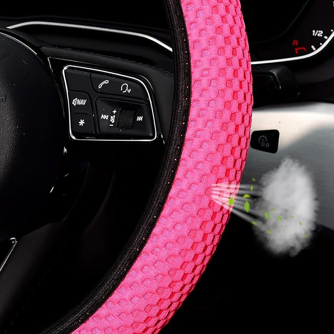 KAFEEK Elastic Stretch Steering Wheel Cover 15 Inch, Breathable Ice Silk Microfiber, Non-Slip Grip, Warm in Winter and Cool in Summer, Odorless, Car Accessories Fit Cars, SUVs, Rose Red